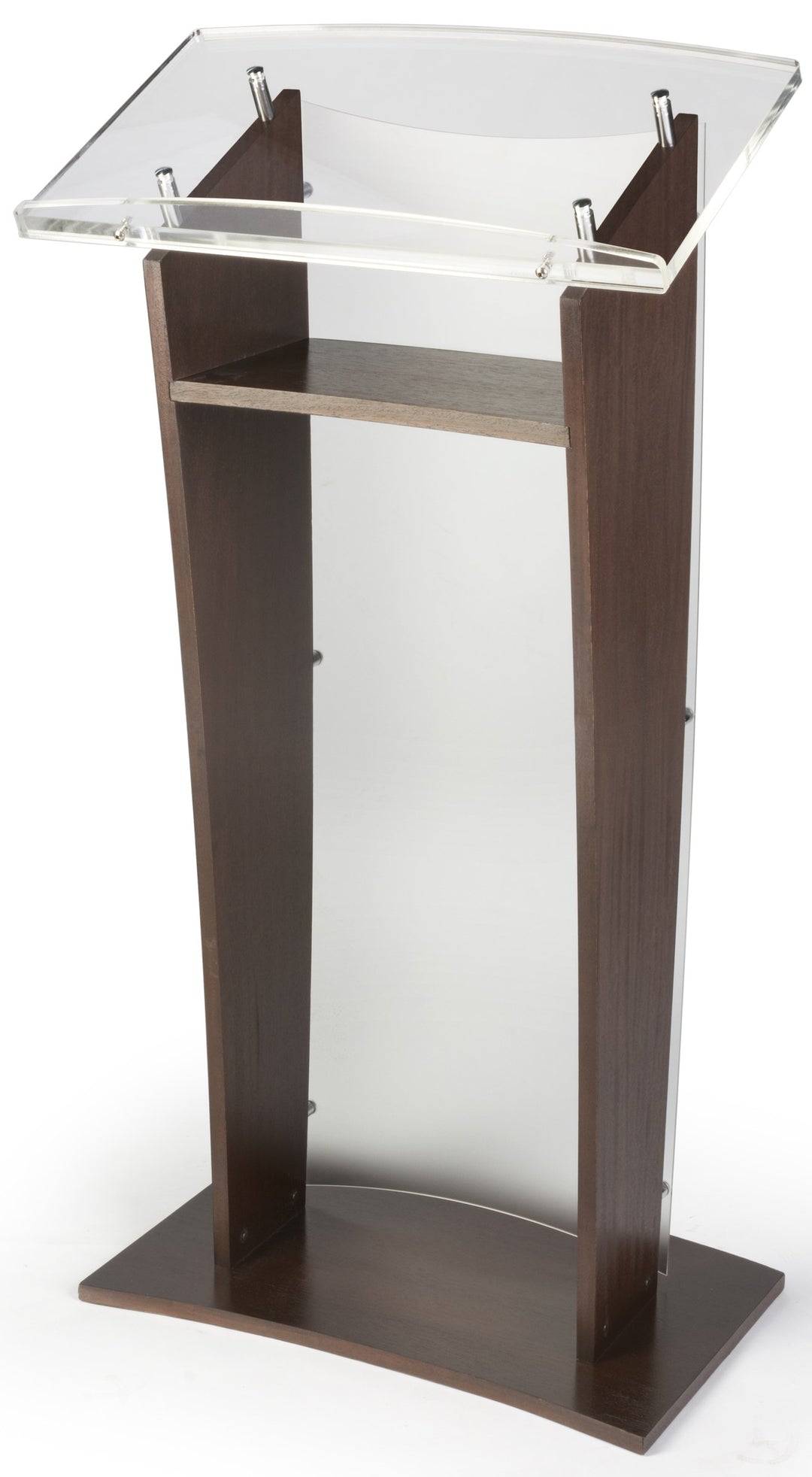 Wood Lectern with Frosted Acrylic Front Panel and Top, mahogany, speaker side with shelf