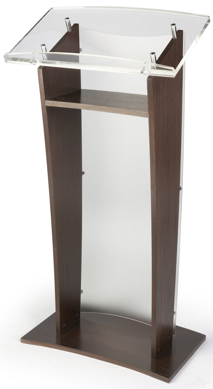 Wood Lectern with Frosted Acrylic Front Panel and Top, mahogany, speaker side with shelf