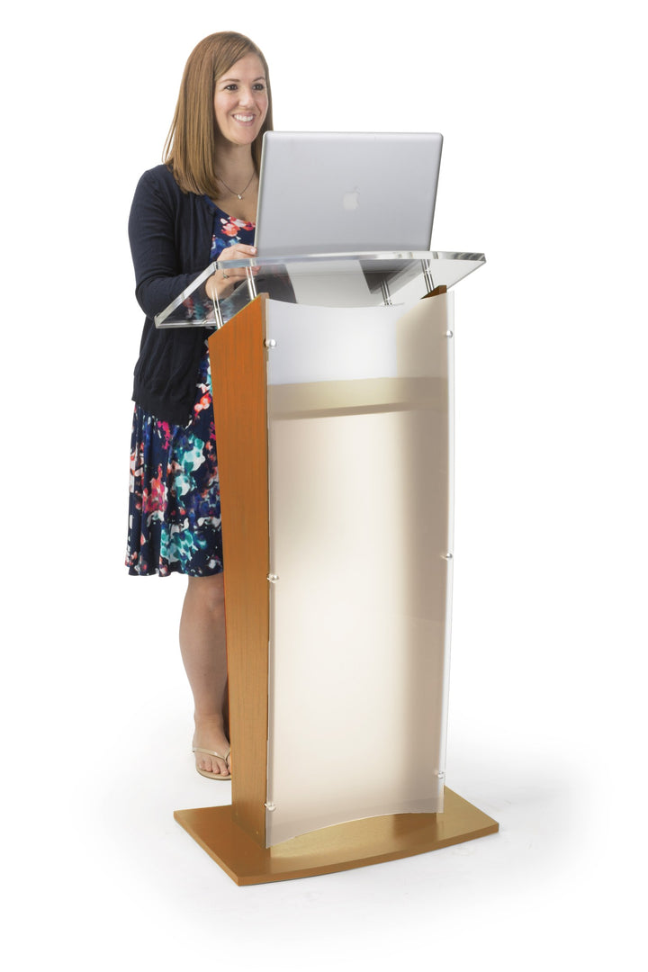 Wood Lectern with Frosted Acrylic Front Panel and Top, maple, in use
