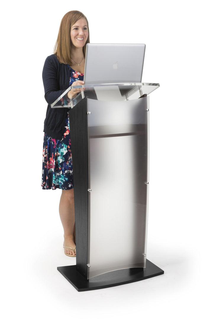 Wood Lectern with Frosted Acrylic Front Panel and Top, black, in use