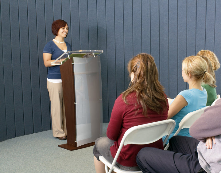 Wood Lectern with Frosted Acrylic Front Panel and Top, in a classroom