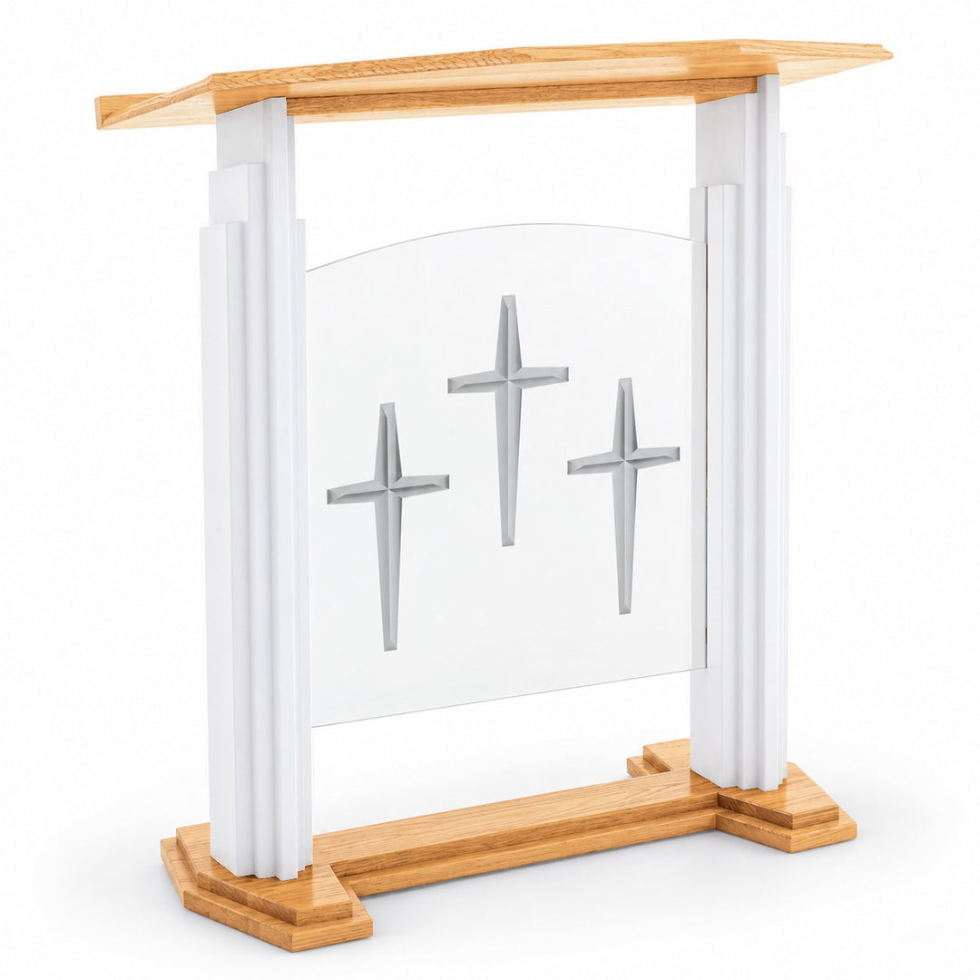 Solid Oak and Acrylic Pulpit: 701 Proclaimer in Light Oak, White w/Stained Top & Base, Clear Acrylic #pdvariant