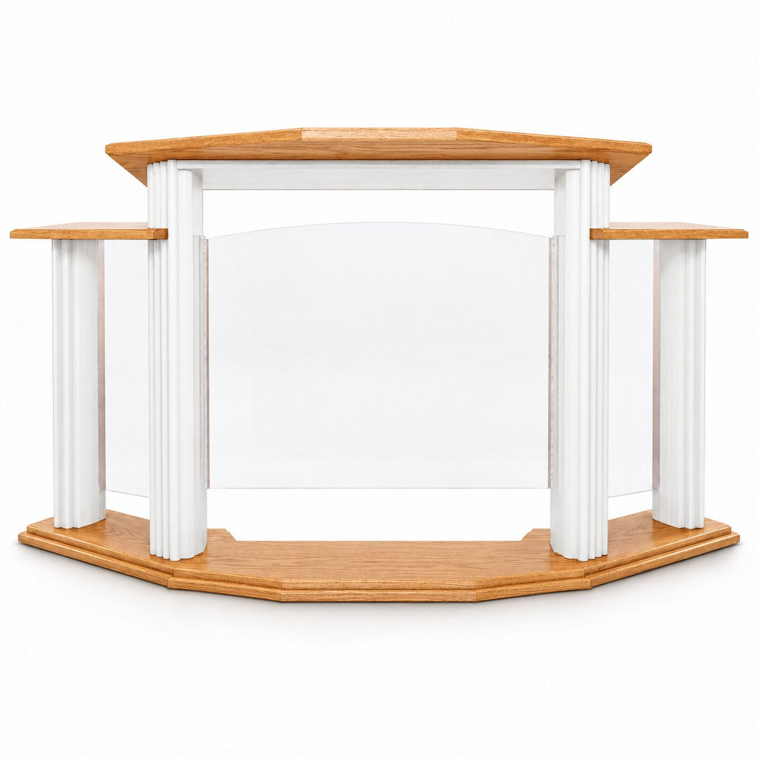Solid Oak and Acrylic Wing Pulpit, 84 Inches Wide: 703 Proclaimer in Light Oak, White w/ Stained Top & Base, Clear Acrylic #pdvariant