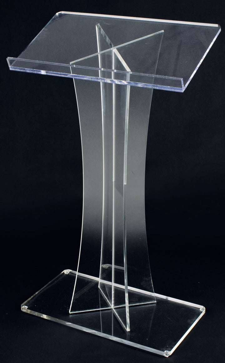 Clear Acrylic Lectern with X-Shaped Post, angled view from above