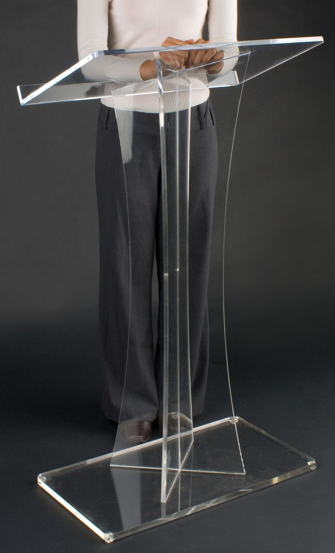 Clear Acrylic Lectern with X-Shaped Post, in use