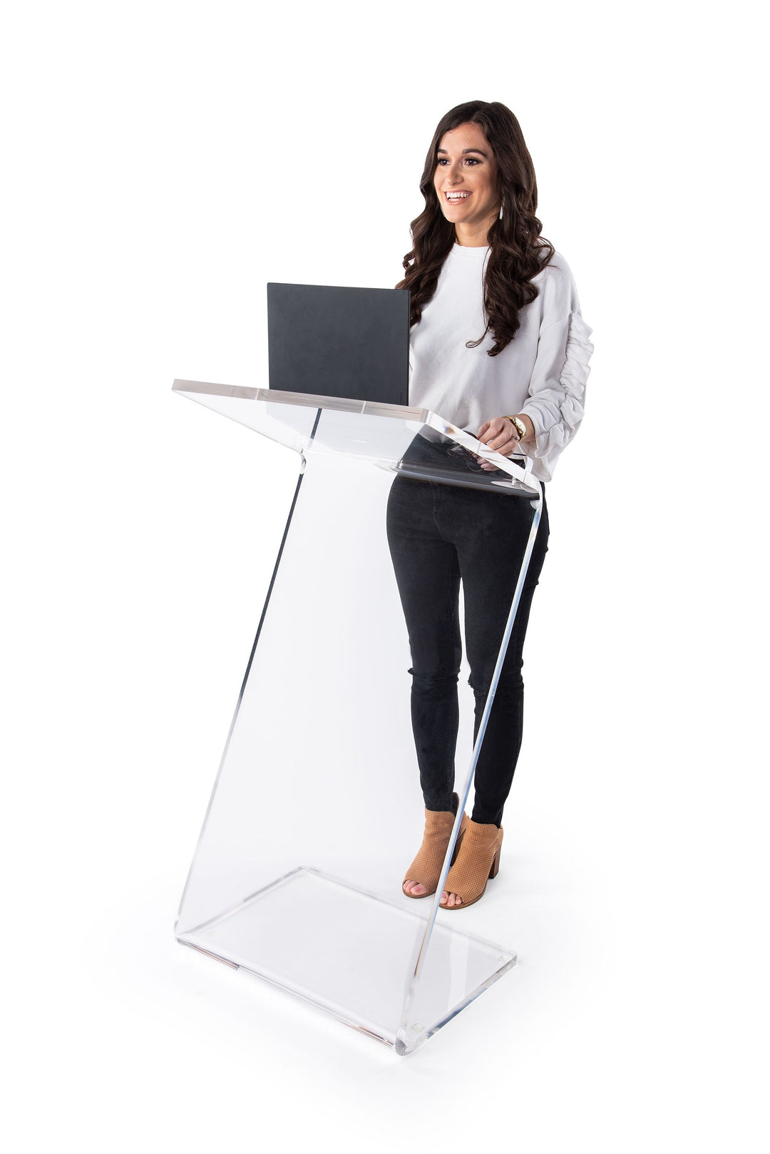 Plateau Clear Acrylic Lectern with Z-Shaped Profile, in use