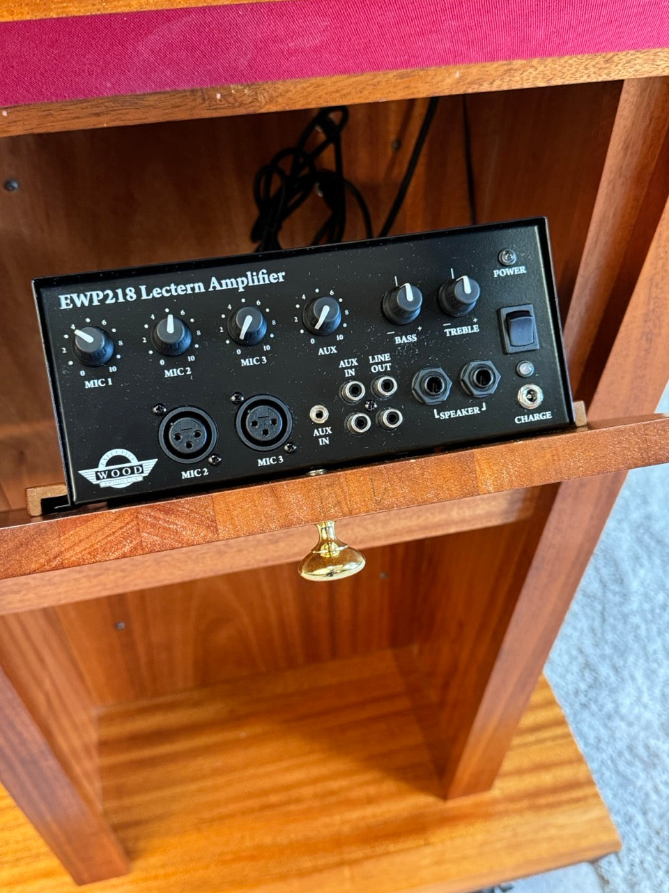 Wooden lectern with EWP218 Lectern Amplifier attached