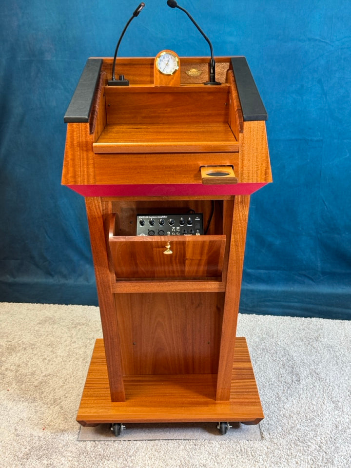hardwood handcrafted podium with mic
