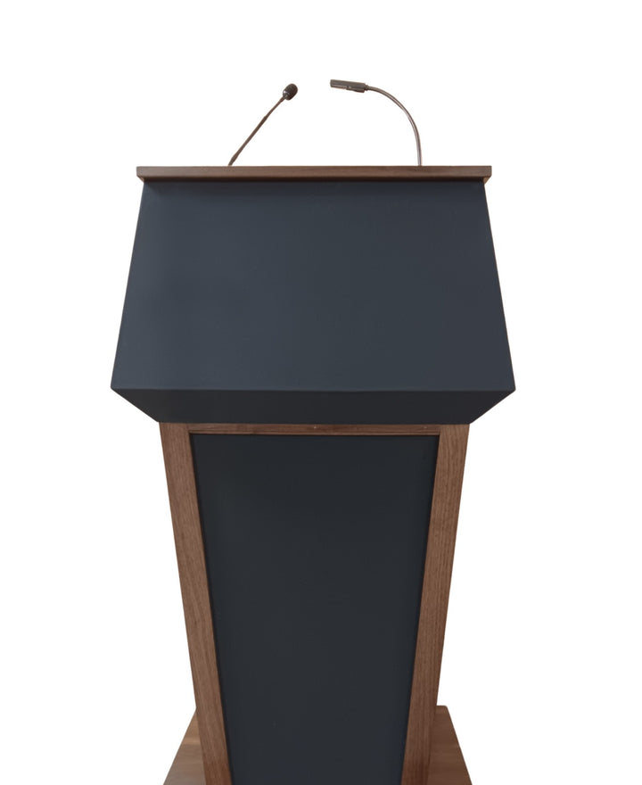 Presidential Evolution podium in walnut with dark walnut stain and black fabric top