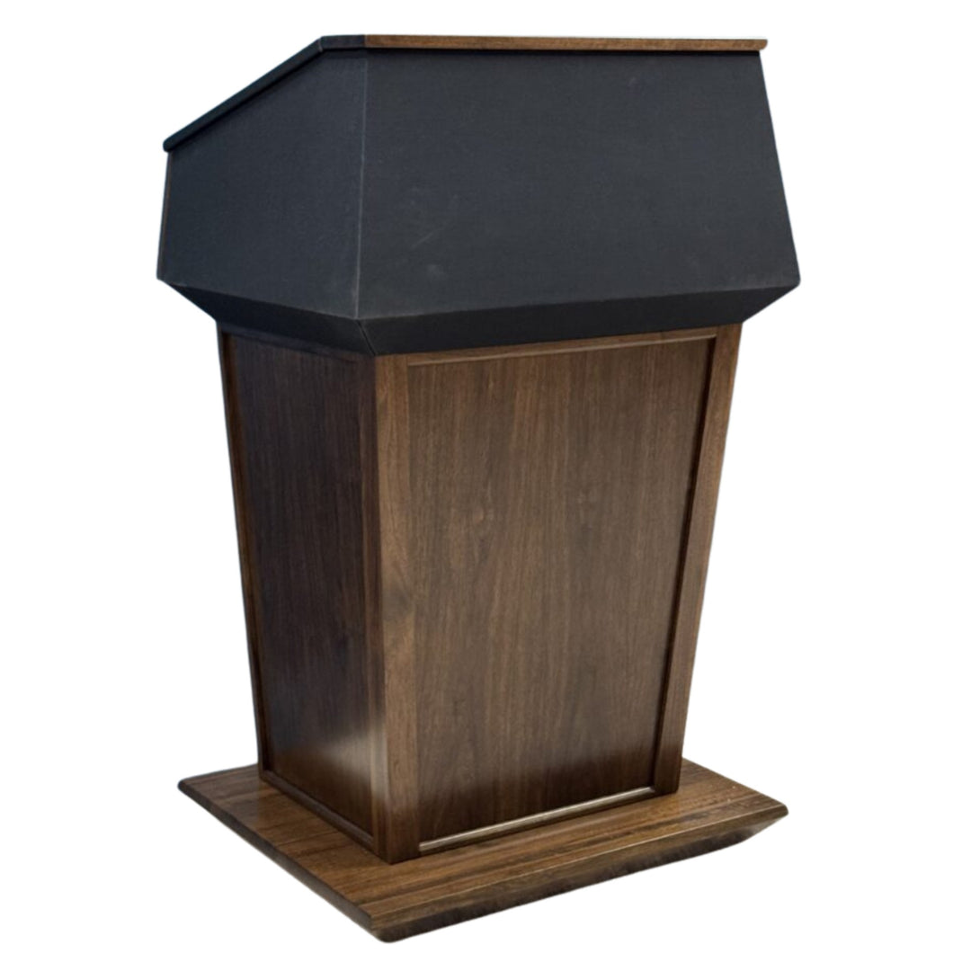 Presidential Plus lectern in walnut with dark walnut stain and black fabric top