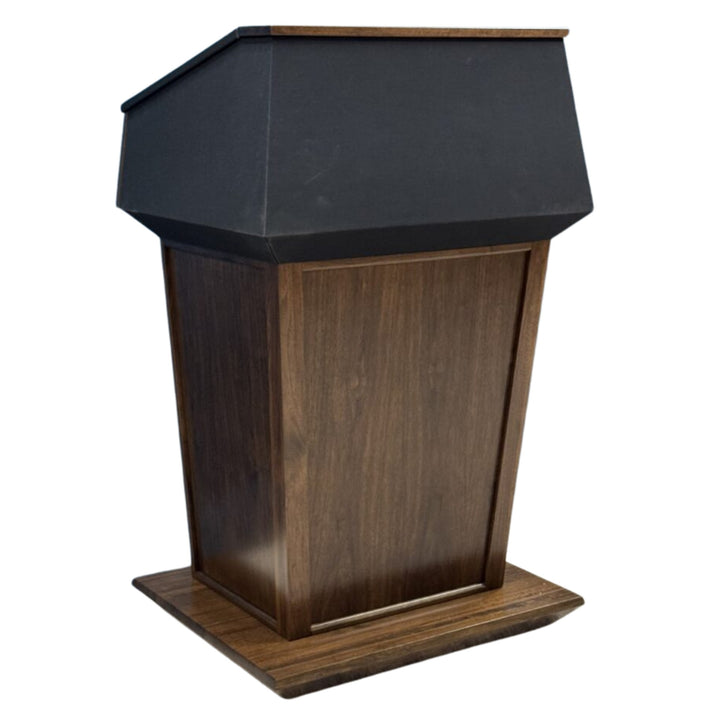 Presidential Plus lectern in walnut with dark walnut stain and black fabric top