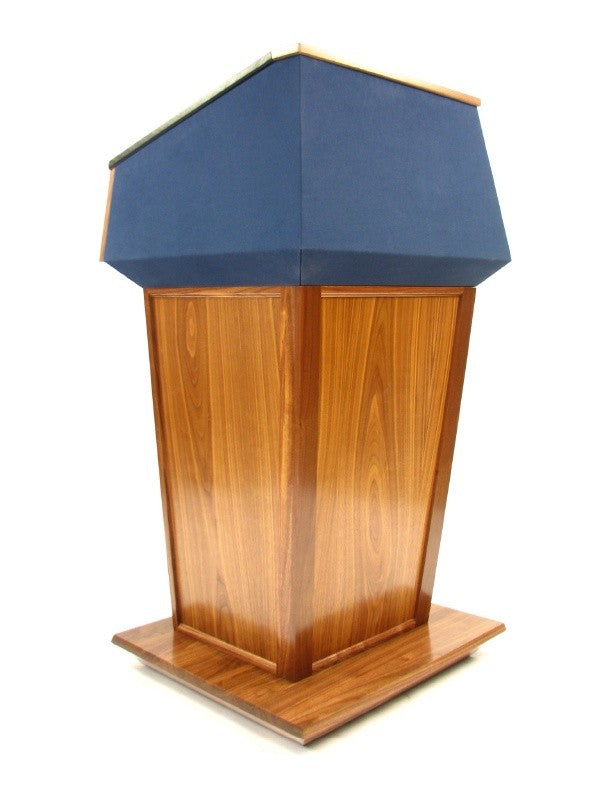 Presidential lectern in walnut with natural clear finish and blue fabric top