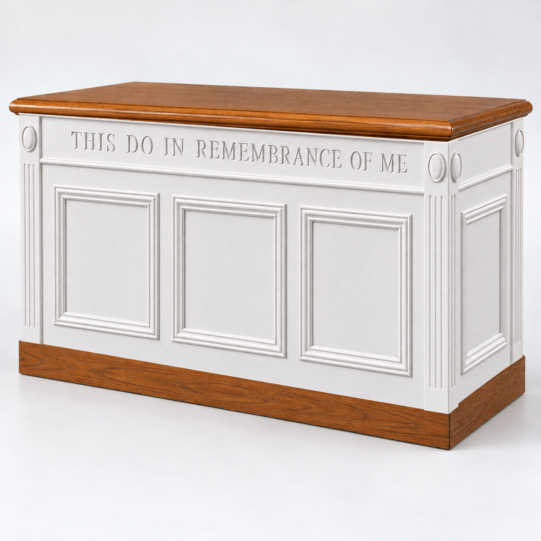 TCT-605 closed communion table — Medium Oak #43 with white painted body