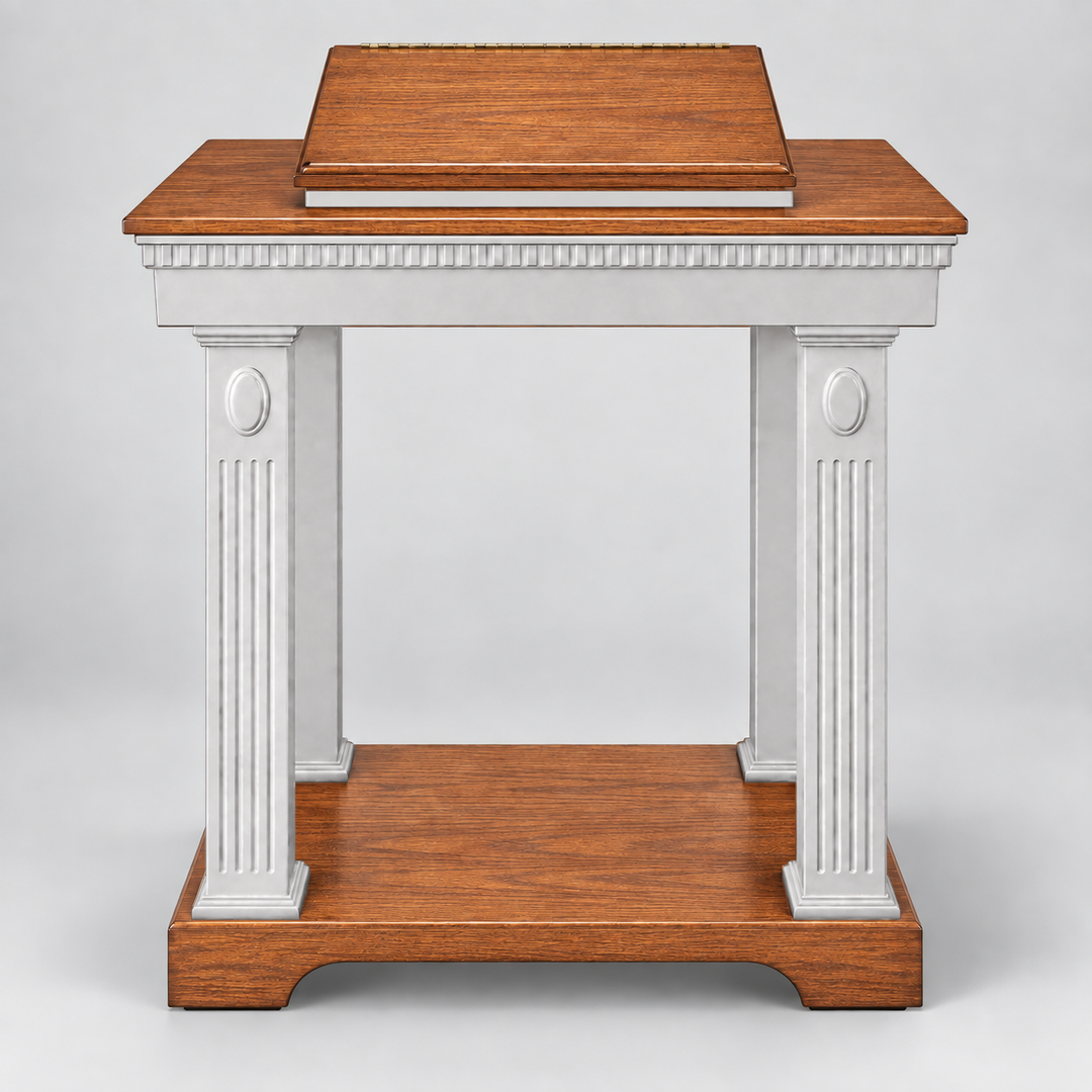 TOP-605 solid oak colonial open pulpit — Medium Oak with White