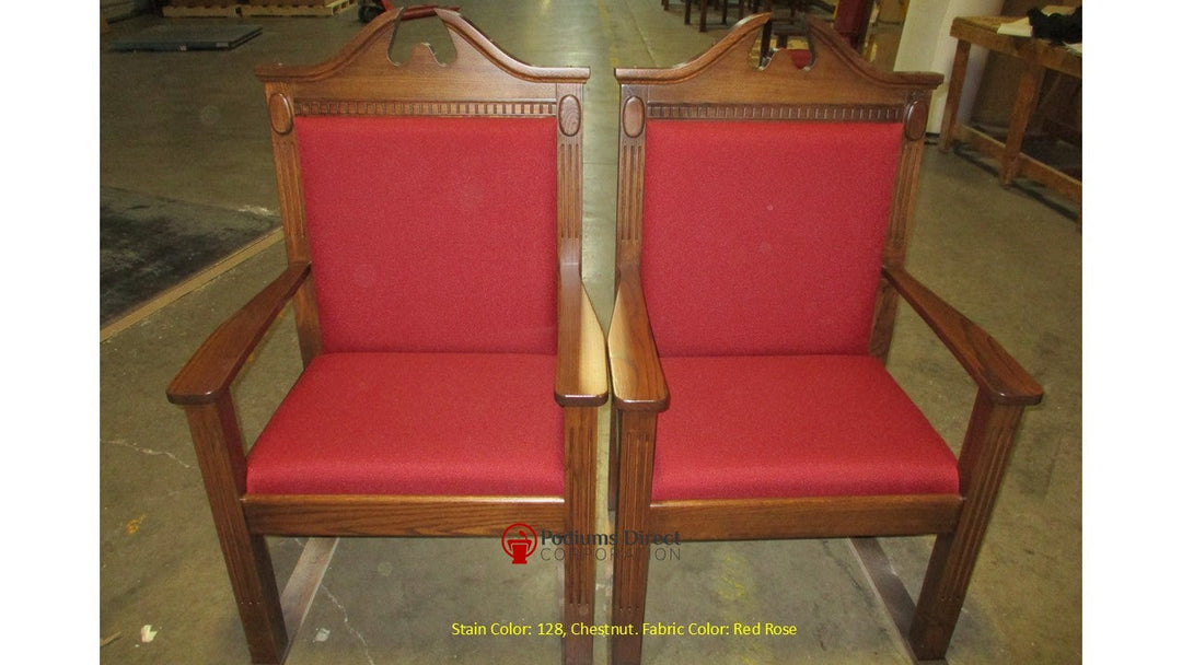 TPC-296 scroll top clergy chair: two chairs, front view, 128 Chestnut stain, Red Rose fabric