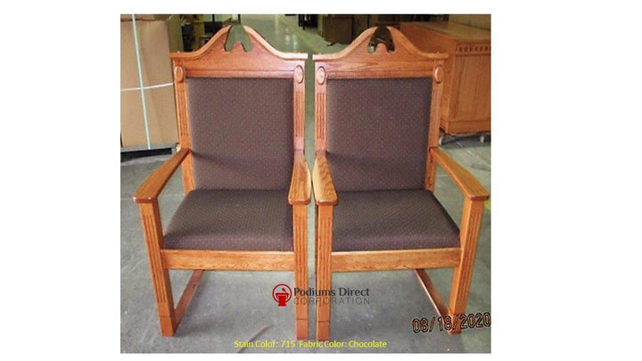 TPC-296 scroll top clergy chair: two side chairs, front view, 715 Yellow Birch stain, brown fabric
