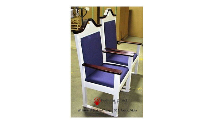 TPC-603 two-tone scroll top clergy chair: two chairs, angle view, white frame with 514 Dark Cherry accents, Viola fabric