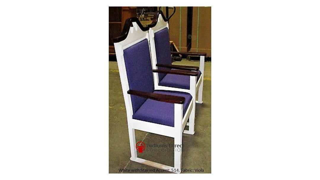 TPC-603 two-tone scroll top clergy chair: two chairs, side view, white frame with 514 Dark Cherry accents, Viola fabric