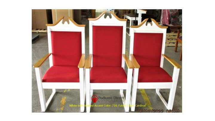 TPC-603 two-tone scroll top clergy chair: set of three, front view, white frame with 716 Native Oak accents, red fabric
