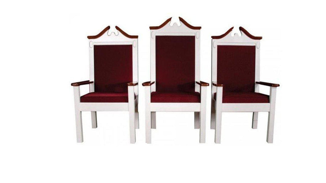 TPC-603 two-tone scroll top clergy chair: set of three, white frame, stained arms and cap, burgundy fabric