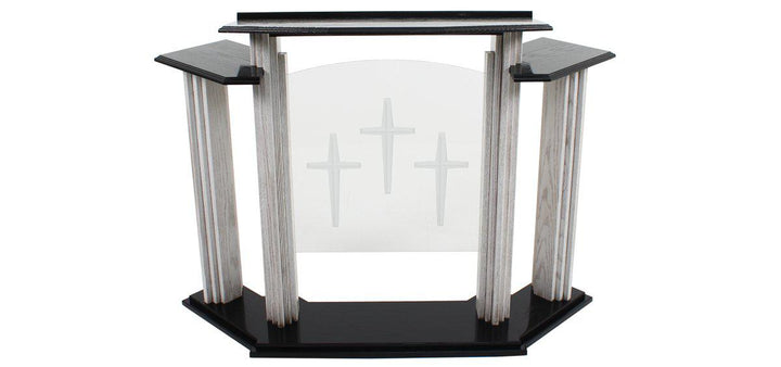 Wood with Acrylic Pulpit w/Wings 702W Proclaimer-Front View  with Three Crosses-Wood With Acrylic Pulpits, Podiums and Lecterns-Podiums Direct