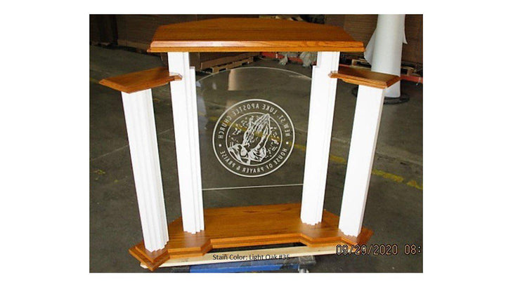 Wood with Acrylic Pulpit w/Wings 702W Proclaimer-Back View with Logo-Wood With Acrylic Pulpits, Podiums and Lecterns-Podiums Direct