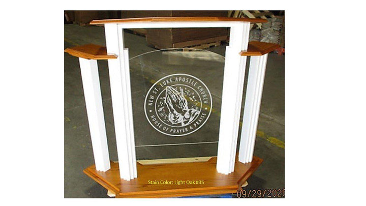 Wood with Acrylic Pulpit w/Wings 702W Proclaimer-Front View with Logo-Wood With Acrylic Pulpits, Podiums and Lecterns-Podiums Direct