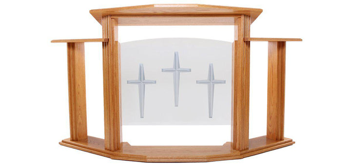 Wood with Acrylic Pulpit w/Wings 703 Proclaimer-With Three Cross Logo-Wood With Acrylic Pulpits, Podiums and Lecterns-Podiums Direct