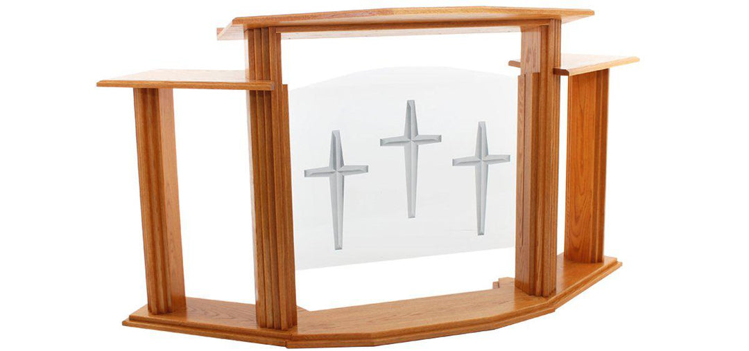 Wood with Acrylic Pulpit w/Wings 703 Proclaimer-Angle View With Three Cross Logo-Wood With Acrylic Pulpits, Podiums and Lecterns-Podiums Direct