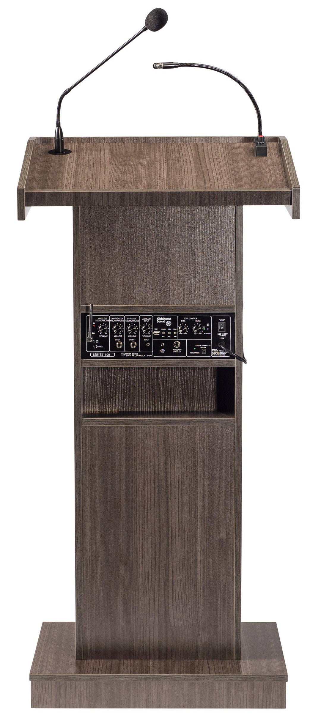 Sound Lectern Oklahoma Sound Orator with Wireless Handheld Mic-Back View Ribbonwood-Sound Podiums and Lecterns-Podiums Direct