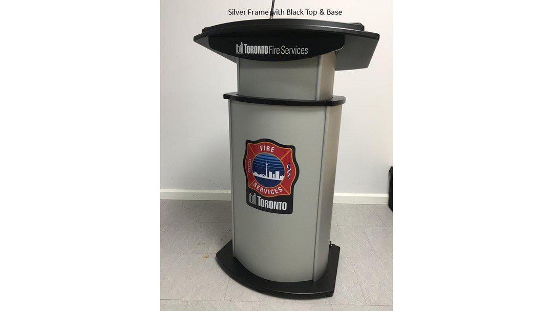 Height Adjustable Podium Aluminum Motorized-Front with Black Top and Base-Height Adjustable Pulpits, Podiums and Lecterns-Podiums Direct