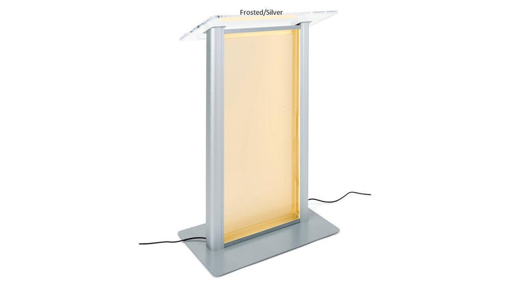 Contemporary Acrylic and Aluminum Podium with Illuminated Acrylic Panel-Frosted Acrylic with Silver Aluminum-Contemporary Acrylic and Aluminum Podiums-Podiums Direct