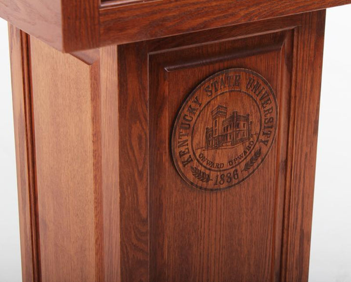 Handcrafted Solid Hardwood Lectern CLR235 Counselor-Logo Close Up-Handcrafted Solid Hardwood Pulpits, Podiums and Lecterns-Podiums Direct