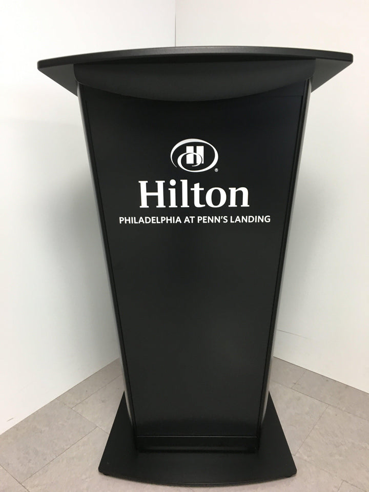 Contemporary Lecterns and Podiums VH1 Deluxe Aluminum Lectern-Front Showing Logo-Contemporary Lecterns and Podiums-Podiums Direct