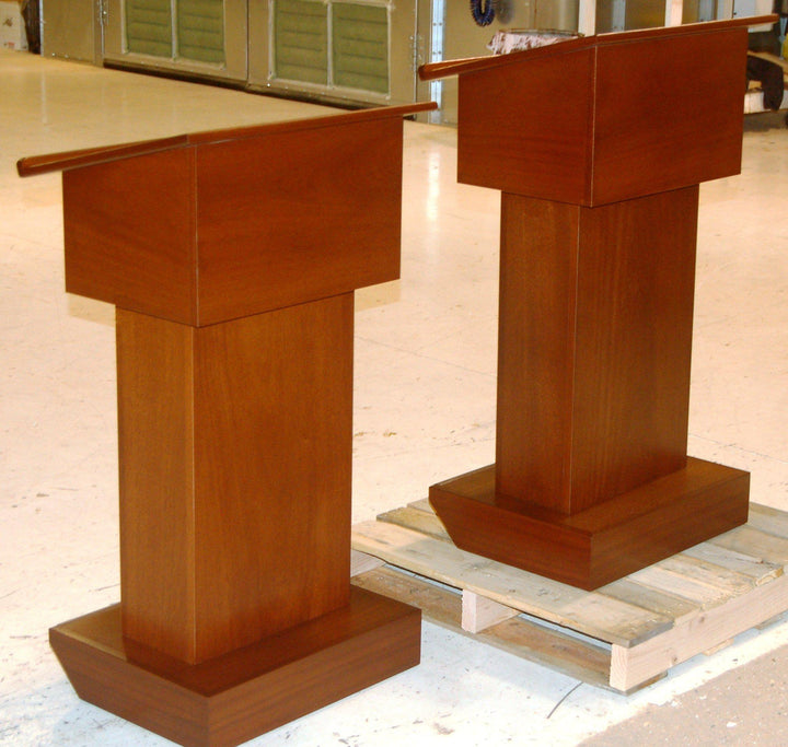 Handcrafted Solid Hardwood Lectern Royal-With Round Logo-Handcrafted Solid Hardwood Pulpits, Podiums and Lecterns-Front Angle View-Podiums Direct