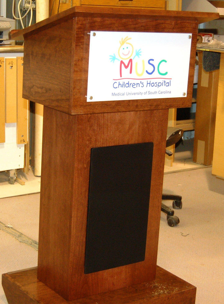 Handcrafted Solid Hardwood Lectern Royal-With Interchangable Logo-Handcrafted Solid Hardwood Pulpits, Podiums and Lecterns-Front View with Screen-Podiums Direct