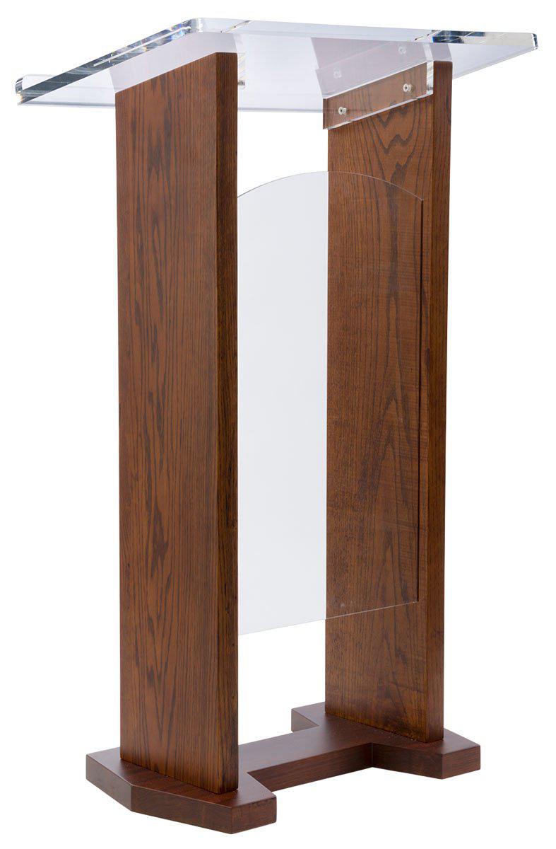 Wood with Acrylic Narrow Pulpit. Front Panel-Cross or Plain.-Dark Oak Wood With Acrylic Pulpits, Podiums and Lecterns-Podiums Direct