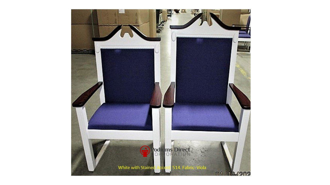 TPC-603 two-tone scroll top clergy chair: two chairs, front view, white frame with 514 Dark Cherry accents, Viola fabric