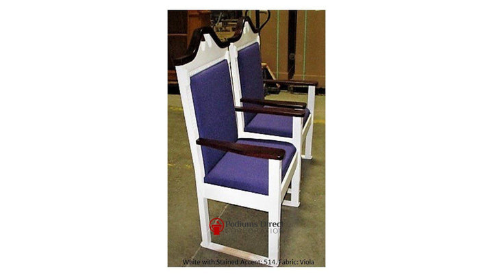 TPC-603 two-tone scroll top clergy chair: two chairs, side view, white frame with 514 Dark Cherry accents, Viola fabric