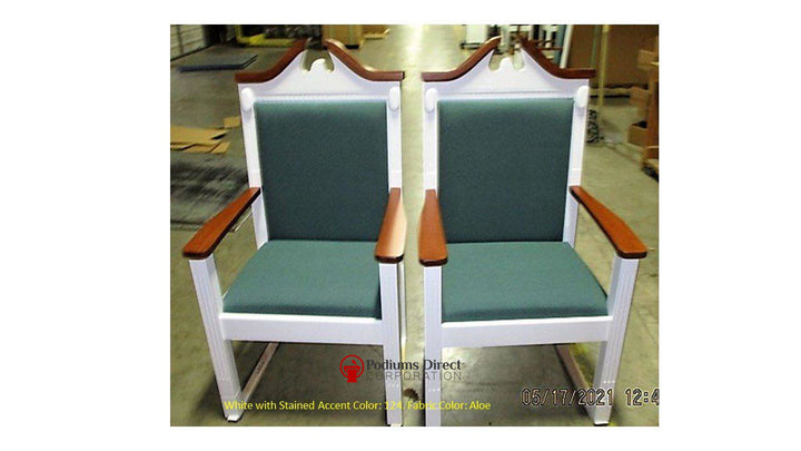 TPC-603 two-tone scroll top clergy chair: two chairs, white frame with 124 Red Elm accents, Aloe fabric