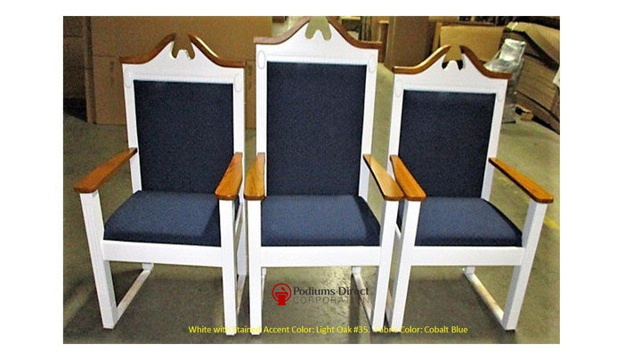 TPC-603 two-tone scroll top clergy chair: set of three, front view, white frame with Light Oak 