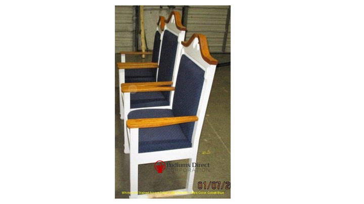 TPC-603 two-tone scroll top clergy chair: set of three, side view, white frame with Light Oak 