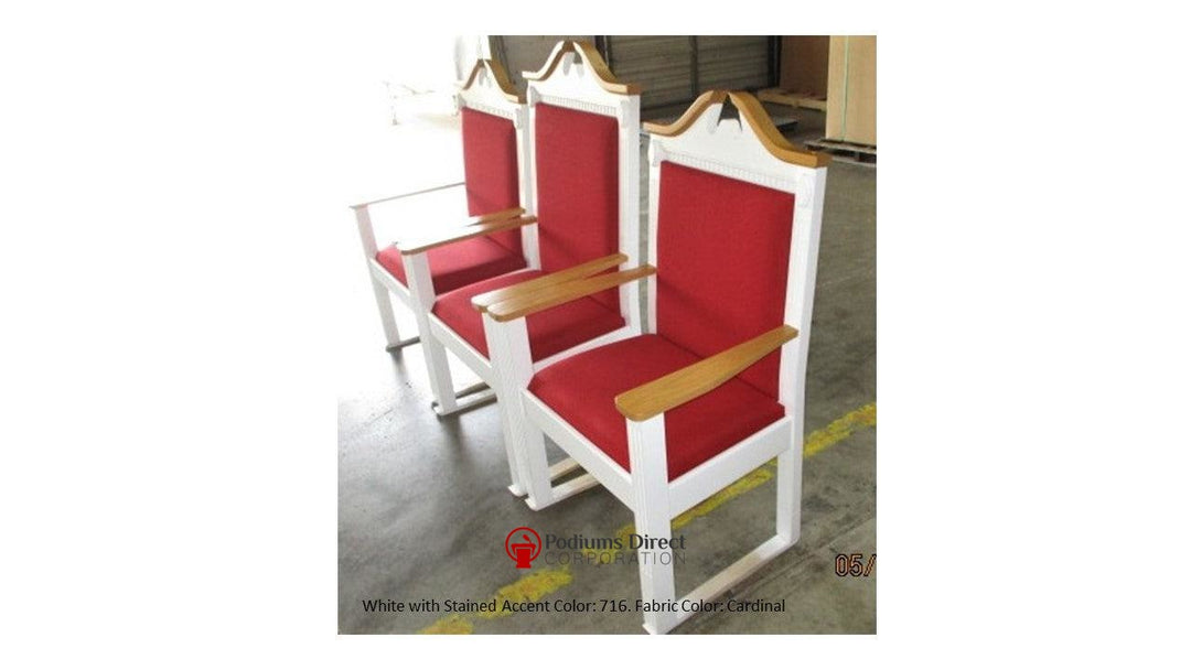 TPC-603 two-tone scroll top clergy chair: set of three, angle view, white frame with 716 Native Oak accents, red fabric